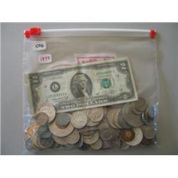 LOT, ASSORT COINS & (3) $2 BILLS, (1) 1957 $1 SILVER CERT