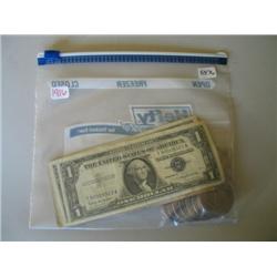 LOT, $1 SILVER CERTS., (3) $2 NOTES, $5 MEXICAN, (11) IKES