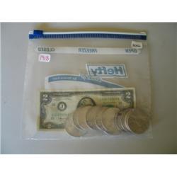 LOT, PEACE DOLLARS: (7) 1922, (3) 1923, 1926 & (1) $2 BILL