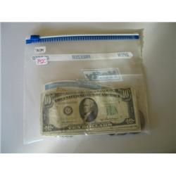 LOT, $10 NOTE, (3) $5 NOTES, (3) $2 NOTES, (13) $1 SILVER CERTS, CANADIAN MONEY, (2) MORGAN DOLLARS,