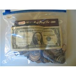 LOT, (6) $1 SILVER CERTS., 1989 SILVER DOLLAR, 1989 MINT PROOF SET & SILVER COIN