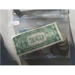 LOT, (4) SILVER DOLLARS, COINS, WATCH, (3) $2 BILLS, $1 SILVER CERT.