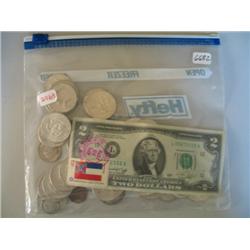 LOT, $2 NOTE W/STAMP (APPROX. $17.70, 90% U.S. SILVER)