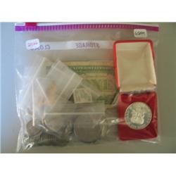 LOT, ASSORTED COINS, 1 OZ SILVER ROUND, $1 SILVER & MISC