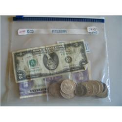 LOT, ASST. COINS INCLUDING PEACE DOLLAR, $2 NOTE & FOREIGN MONEY