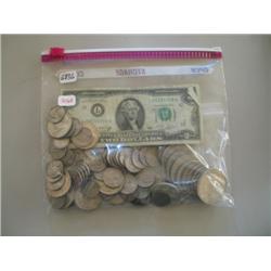 LOT, ASSORT. COINS (5) $2 BILLS, (3) 1921 MORGAN, (3) PEACE, (3) IKE DOLLARS & ASSORT. SILVER COINS