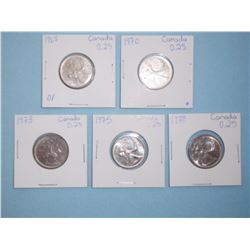LOT OF 5 CANADIAN QUARTERS - 1968, 1970, 1973, 1975, 1978