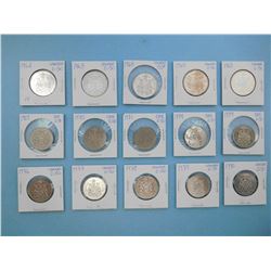 LOT OF 15 CANADIAN FIFTY CENT PIECES - 1962, 1963, 1964, 1965 x 2, 1969, 1970, 1971, 1974 x 2, 1976,