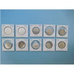 LOT OF 10 CANADIAN FIFTY CENT PIECES - 1962, 1963, 1969, 1970, 1974 x 2, 1977, 1978, 1979, 1980