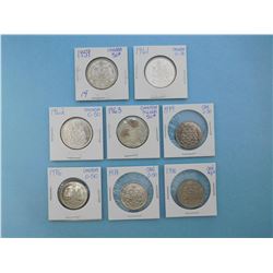 LOT OF 8 CANADIAN FIFTY CENT PIECES - 1959, 1961, 1962, 1963, 1974, 1976, 1978, 1980
