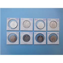 LOT OF 8 CANADIAN FIFTY CENT PIECES - 1959, 1961, 1962, 1963, 1974, 1976, 1978, 1980