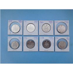 LOT OF 8 CANADIAN FIFTY CENT PIECES - 1959, 1961, 1962, 1963, 1974, 1976, 1978, 1980