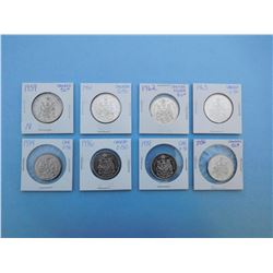 LOT OF 8 CANADIAN FIFTY CENT PIECES - 1959, 1961, 1962, 1963, 1974, 1976, 1978, 1980