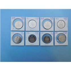 LOT OF 8 CANADIAN FIFTY CENT PIECES - 1959, 1961, 1962, 1963, 1974, 1976, 1978, 1980