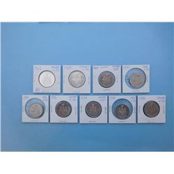 LOT OF 9 CANADIAN FIFTY CENT PIECES - 1962, 1963, 1969, 1970, 1974, 1976, 1977, 1978, 1980