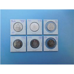 LOT OF 6 CANADIAN FIFTY CENT PIECES - 1962, 1963, 1974, 1976, 1978, 1980