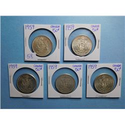 LOT OF 5 FIFTY CENT PIECES 1959