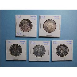 LOT OF 5 FIFTY CENT PIECES 1961