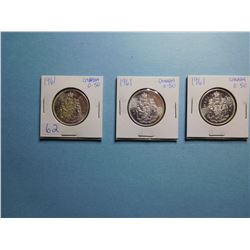 LOT OF 3 FIFTY CENT PIECES 1961