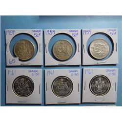 LOT OF 15 FIFTY CENT PIECES 1959 x 3, 1961 x 3, 1963 x 2, 1974, 1978 x 3, 1980 x 3