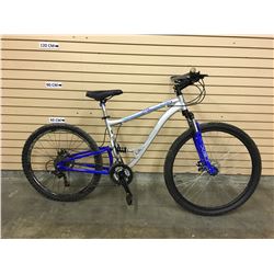 GREY AND BLUE CCM ALPHA FULL SUSPENSION MOUNTAIN BIKE WITH DISK BRAKES, FRONT BRAKE SYSTEM MISSING