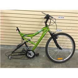 GREEN SUPERCYCLE ROGUE FRONT SUSPENSION MOUNTAIN BIKE, MISSING REAR WHEEL