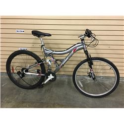 GREY KRANKED JS2010 FULL SUSPENSION MOUNTAIN BIKE WITH FRONT DISK BRAKE, MISSING DISK