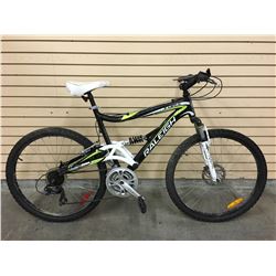 BLACK AND WHITE RALEIGH TORA FULL SUSPENSION MOUNTAIN BIKE
