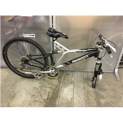 BLACK AND GREY RALEIGH FULL SUSPENSION MOUNTAIN BIKE, MISSING FRONT WHEEL