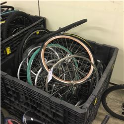 LOT OF ASSORTED BIKE WHEELS AND RIMS, BIN NOT INCLUDED