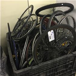 LOT OF ASSORTED BIKE WHEELS AND RIMS, BIN NOT INCLUDED