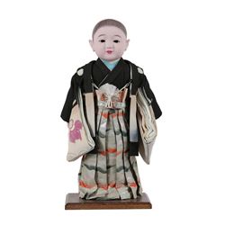 Vintage Japanese Hand-Painted Hair, Porcelain Glass Eye Doll with Silk Kimono
