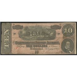 1864 $10 Ten Dollars Confederate States of America Richmond CSA Bank Note