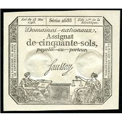 1793 50 Sols Assignat French Revolution Currency Note - Series 2688 (Crisp, AU Condition)