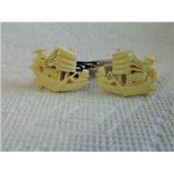 ESTATE - CUFFLINKS - "MEA HAWAII" - "HAND CARVED ELEPHANT TUSK IVORY " - STERLING - BOAT 28mm long x
