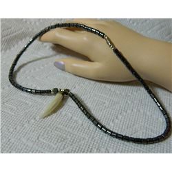 ESTATE - NECKLACE - HEMITITE WITH ABALONE? HORN HORN 6.9mm diameter at top 34mm long