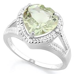 RING - 2 4/5 CARAT GREEN AMETHYST & 2 DIAMONDS IN 925 STERLING SILVER SETTING - SZ 7 - RETAIL ESTIMA