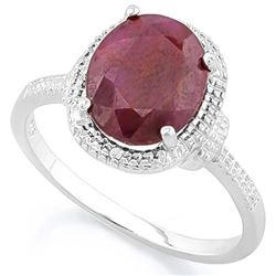 RING -  3 1/3 CARAT RUBY & 2 DIAMONDS IN 925 STERLING SILVER SETTING - SZ 7 - RETAIL ESTIMATE $600