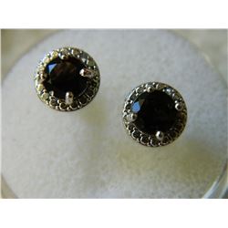 EARRINGS - ROUND FACETED BROWN SMOKEY TOPAZ & DIAMONDS IN STERLING SILVER SETTING - POST & BUTTERFLY