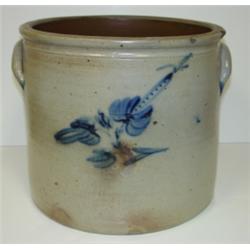 BLUE DECORATED STONEWARE CROCK W/EARS