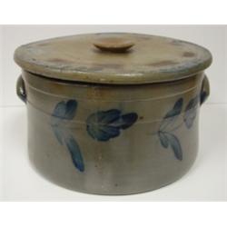 BLUE DECORATED STONEWARE CAKE CROCK