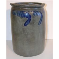 BLUE FEATHER DECORATED STONEWARE CROCK