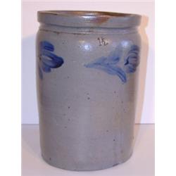 BLUE FLORAL DECORATED STONEWARE CROCK