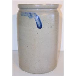 BLUE FEATHER DECORATED STONEWARE CROCK