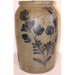 HEAVILY BLUE DECORATED STONEWARE CROCK