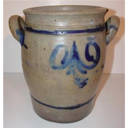 BLUE TOUCH DECORATED STONEWARE CROCK
