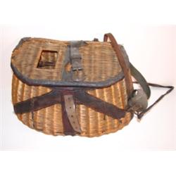EARLY LEATHER & WICKER FISHING BASKET
