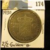 Image 1 : 1930 Netherlands Silver 2 1/2 Gulden silver-dollar size Coin, VF.