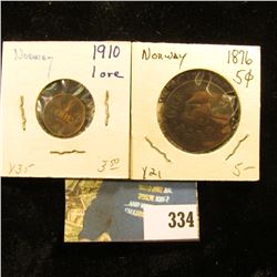 Norway: 1910 Y35 One Ore, VF; & 1876 Y21, 5 Ore