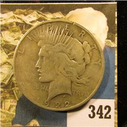 1922 D U.S. Peace Silver Dollar, Fine.